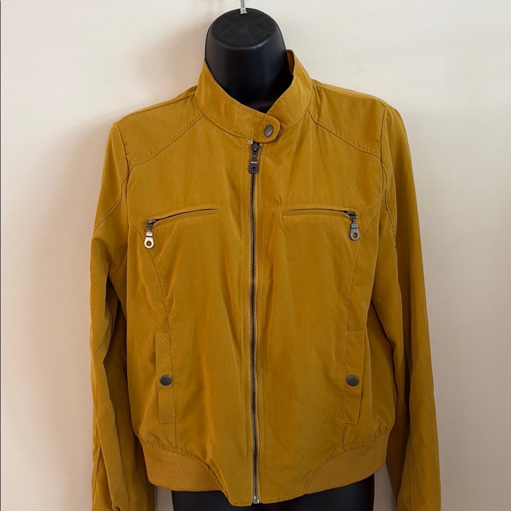 Women’s Mustard Yellow Zip-Front Microfiber Bomber Jacket Preppy Size Large